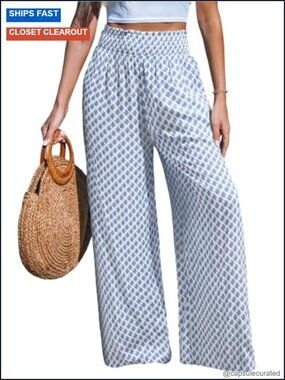 Wide Leg Palazzo Pants - Elastic High Waisted Flowy Trousers for Beach Vacation